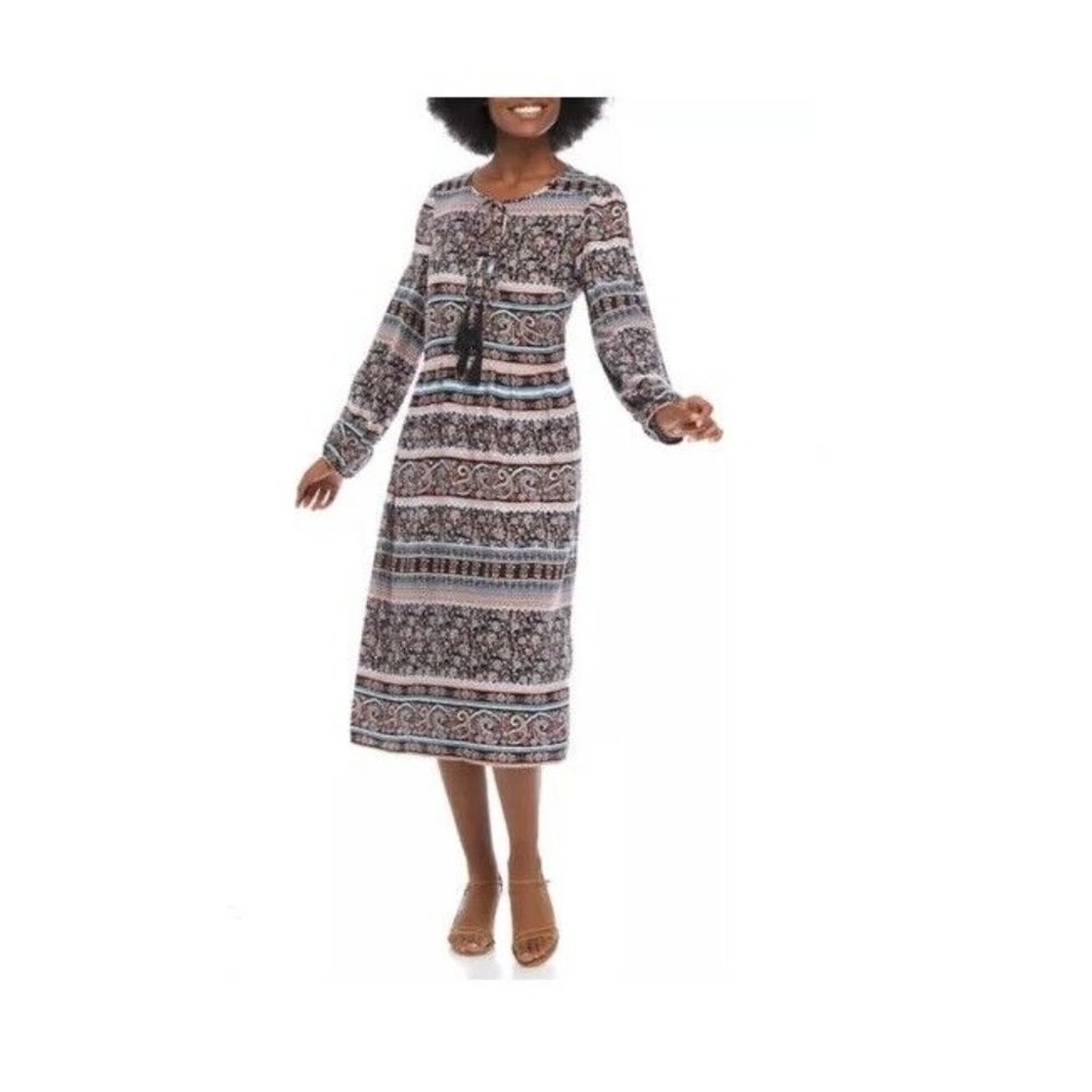 Luxology Womens L Navy Combo Printed Long Blouson Sleeve Boho Midi Dress NWT U66